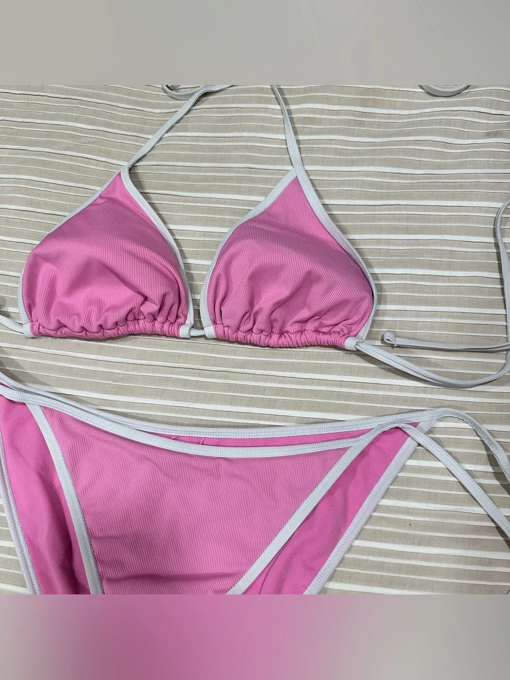 Shade & Shore size Large Pink ribbed triangle string bikini cheeky high leg